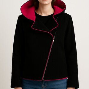 Custom Black Wool Jacket with Hot Pink Lining, statement collar & removable hood
